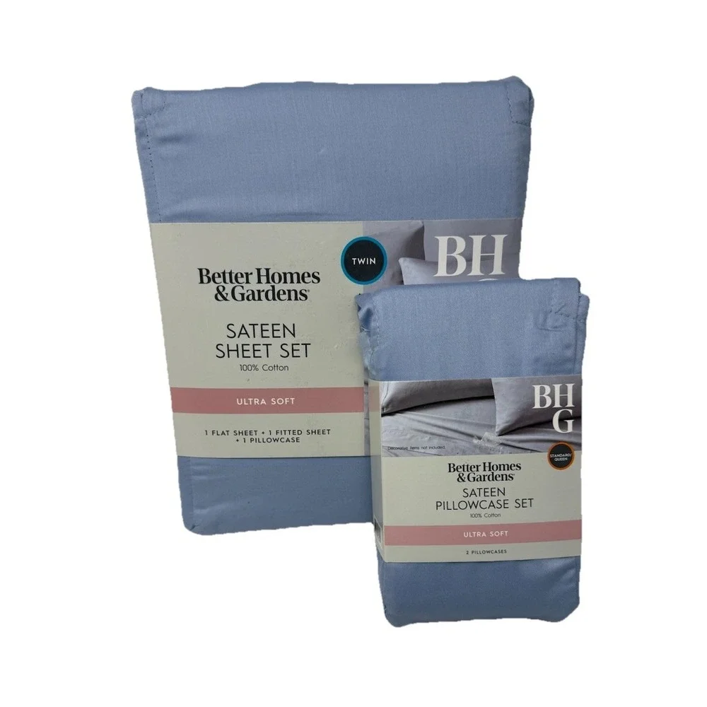 Better Homes And Gardens Sateen Ultra Soft 100% Cotton Sheet‎ Set Twin Blue New